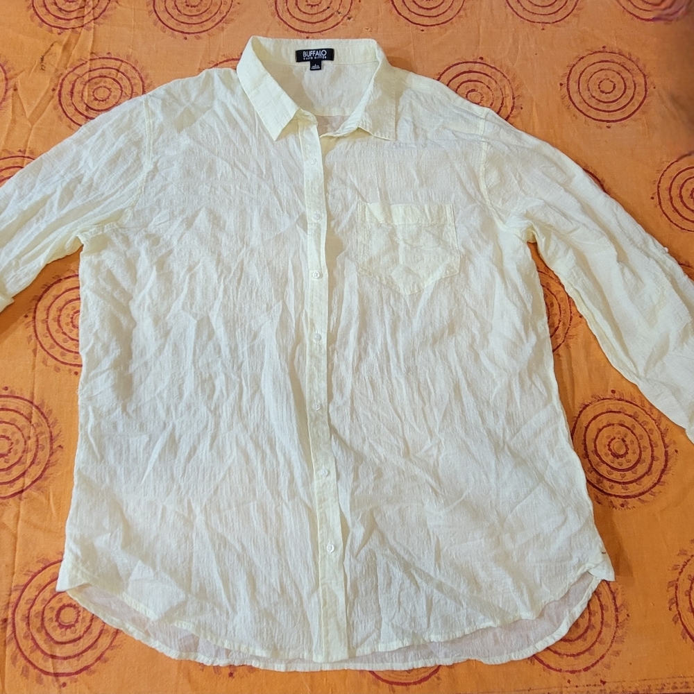 Buffalo David Bitton Womrn's Yellow Shirt LS Buttun Collared Linen Shirt